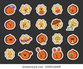 Cute kawaii walnut with funny face. Sticker Bookmark. Adorable cartoon food character. Hand drawn style. Vector drawing. Collection of design elements.