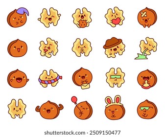 Cute kawaii walnut with funny face. Adorable cartoon food character. Hand drawn style. Vector drawing. Collection of design elements.