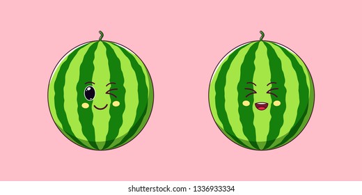 Cute Kawaii Watermelon, Cartoon Ripe Fruit. Vector illustration of Cartoon Sweet Watermelon with Winking and Laughing Face, Funny Emoji. Juicy Tasty Sticker. Print for T-shirt. Friendly Character