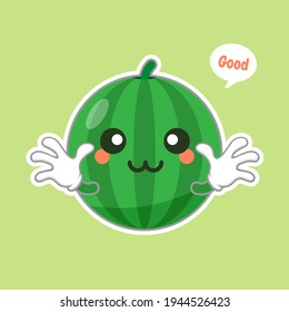 Cute and kawaii watermelon character emoticon . Summer fruit. Watermelon character emoji illustration. Healthy food funny mascot vector illustration in flat design.