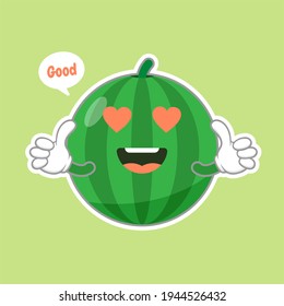 Cute and kawaii watermelon character emoticon . Summer fruit. Watermelon character emoji illustration. Healthy food funny mascot vector illustration in flat design.