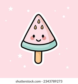 Cute Kawaii Watermelon Ice Cream isolated on a pink background. Vector - Illustration.	