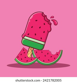 cute kawaii watermelon and watermelon popsicle character cartoon vector icon illustration