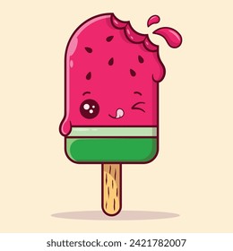 cute kawaii watermelon popsicle character cartoon vector icon illustration