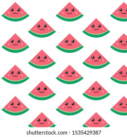 cute kawaii watermelon with smile meow emote pattern vector design for backdrop, wallpaper, fabric, tile, print, wrapping paper