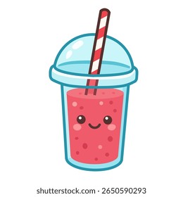 Cute kawaii watermelon smoothie in a plastic to-go cup. A happy, smiling character with a striped straw. Vector illustration of a refreshing summer drink, isolated on a white background.