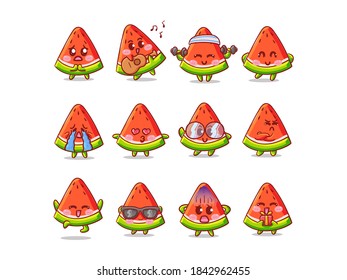 Cute and Kawaii Watermelon Sticker Illustration Set With Various Activity and Expression for mascot