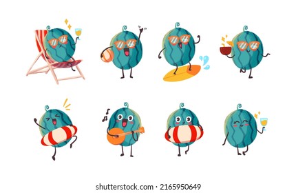 Cute and Kawaii watermelon Sticker Illustration Set With Various Activity and Expression for mascot