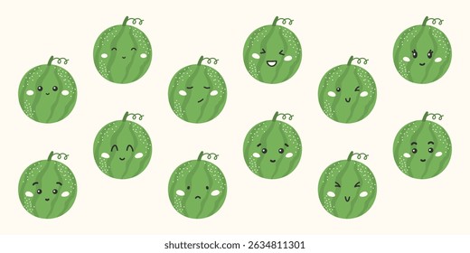 Cute kawaii watermelon vector stickers with funny faces and emotions: happy, sad, angry, surprised. Flat characters for kids, education, and healthy eating designs