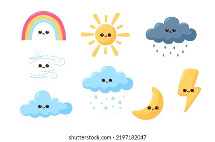 Cute kawaii weather forecast set icons illustration with cartoon smile face