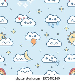 Cute Kawaii Weather Icons. Clouds, Rain, Sun, Stars, Lightning, Rainbow. Japanese Cartoon Manga Style. Funny Anime Characters. Trendy Vector Illustration For Kids. Seamless Pattern. Blue Background