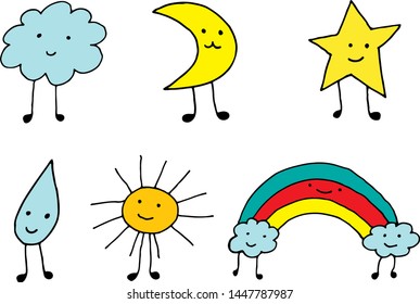 Cute kawaii weather icons. Doodle cartoon simple drawing collection. Colorful elements. Vector illustration.