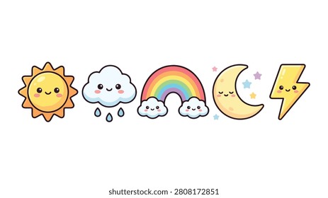 A cute kawaii weather and nature elements character set vector design