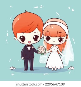 Cute kawaii wedding chibi mascot vector cartoon style marriage