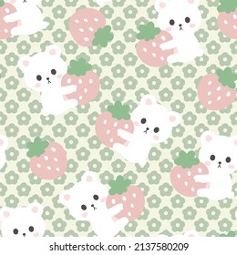 cute kawaii white baby bear hugging strawberry on a green floral background, childish fabric pastel colors design seamless pattern, kids wrapping paper, fabric and textile zoo animals print