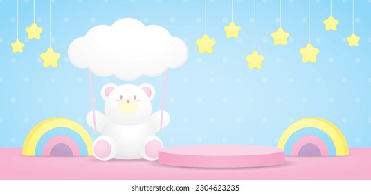 cute kawaii white bear is holding cloud sign with pink display podium and colorful rainbow and hanging stars 3d illustration vector for putting object