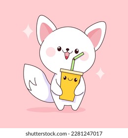 Cute kawaii white cat with bubble tea