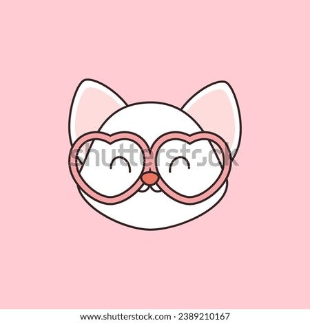 Cute kawaii white cat face with heart glasses