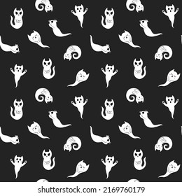 Cute kawaii white cat ghosts seamless pattern. Halloween fun ghost kittens