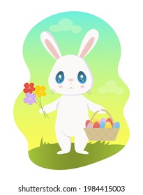 A cute kawaii white Easter bunny is standing in the meadow with a bouquet of flowers and a basket of Easter eggs in its paws. Vector spring easter illustration.