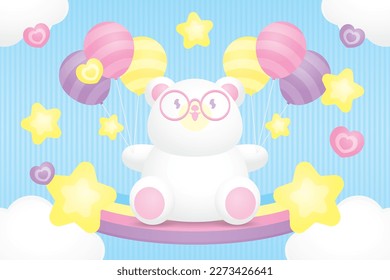 cute kawaii white little bear wears glasses on colorful pastel rainbow with stars and balloons graphic illustration vector
