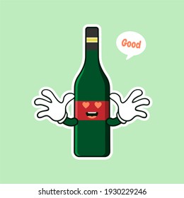 cute and kawaii wine bottle cartoon character flat style vector illustration. funky smiling glass wine bottle character design template for wine menu or wine map