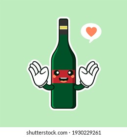 cute and kawaii wine bottle cartoon character flat style vector illustration. funky smiling glass wine bottle character design template for wine menu or wine map