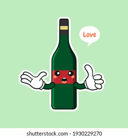 cute and kawaii wine bottle cartoon character flat style vector illustration. funky smiling glass wine bottle character design template for wine menu or wine map