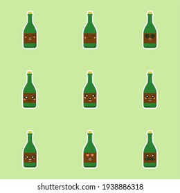 cute and kawaii wine bottles over green background, colorful design. flat design vector illustration. Cartoon kawaii Champagne with Smile and Smiling eyes. Cute Champagne bottle