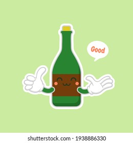 cute and kawaii wine bottles over green background, colorful design. flat design vector illustration. Cartoon kawaii Champagne with Smile and Smiling eyes. Cute Champagne bottle