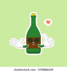 cute and kawaii wine bottles over green background, colorful design. flat design vector illustration. Cartoon kawaii Champagne with Smile and Smiling eyes. Cute Champagne bottle