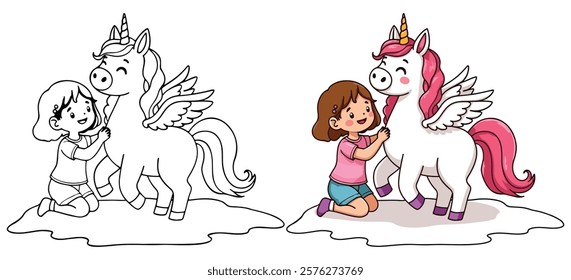 Cute Kawaii Winged Unicorn a Little Girl Line Art Vector Illustration Black and White with Coloring Sample. Bold and Easy Animals Coloring Pages for Adults and Kids. Kids apparel print design
