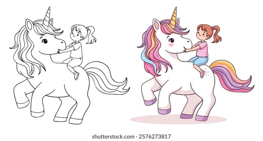 Cute Kawaii Winged Unicorn a Little Girl Line Art Vector Illustration Black and White with Coloring Sample. Bold and Easy Animals Coloring Pages for Adults and Kids. Kids apparel print design