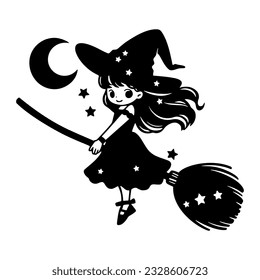 Cute kawaii witch flying on broomstick on moon background. Black little witch silhouette. Anime cartoon style. Halloween funny character. Vector flat illustration isolated on white background.