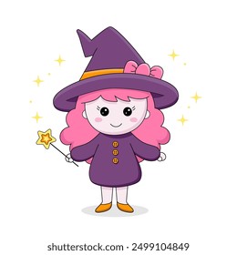 Cute kawaii witch. Girl with pink hair in a witch costume for Halloween