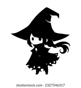 Cute kawaii witch in hat. Black little witch silhouette. Anime cartoon style. Halloween funny character. Vector flat illustration isolated on white background.