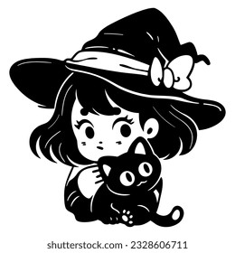 Cute kawaii witch in hat with black cat. Little witch silhouette. Anime cartoon style. Halloween funny character. Vector flat illustration isolated on white background.
