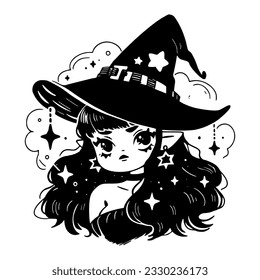 Cute kawaii witch in hat. Black little witch silhouette. Anime cartoon style. Halloween trick or treat funny character. Vector flat illustration isolated on white background.