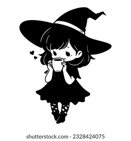 Cute kawaii witch in hat drink coffee. Black little witch silhouette. Anime cartoon style. Halloween trick or treat funny character. Vector flat illustration isolated on white background.
