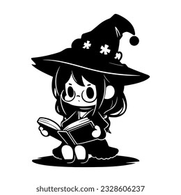 Cute kawaii witch in hat and glasses reading book. Black little witch silhouette. Anime cartoon style. Halloween funny character. Vector flat illustration isolated on white background.