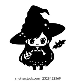 Cute kawaii witch in hat with pumpkin and bat. Black little witch silhouette. Anime cartoon style. Halloween trick or treat funny character. Vector flat illustration isolated on white background.