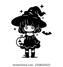 Cute kawaii witch in hat with pumpkin and bat. Black little witch silhouette. Anime cartoon style. Halloween funny character. Vector flat illustration isolated on white background.