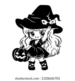 Cute kawaii witch in hat with pumpkin. Black little witch silhouette. Anime cartoon style. Halloween trick or treat funny character. Vector flat illustration isolated on white background.