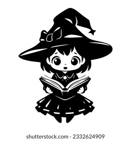 Cute kawaii witch in hat reading book. Black little witch silhouette. Anime cartoon style. Magic school. Halloween funny character. Vector flat illustration isolated on white background.