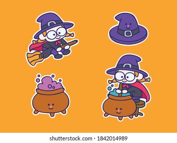 Cute and kawaii Witch mascot Sticker Illustration Set, fly in broom, hat, mix the potion