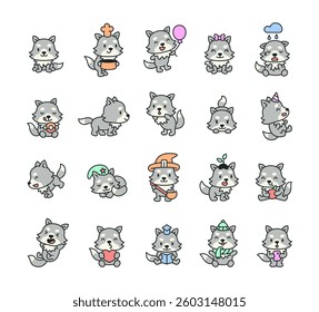 Cute kawaii wolf characters with happy cartoon emotions for fun, joy, entertainment, expressions, lifestyle, activity, creativity, playful, cheerful, friendly, smiling, mood, happiness