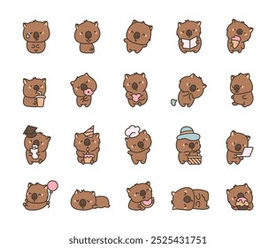 Cute kawaii wombat. Adorable herbivore animal character. Vector drawing. Collection of design elements.