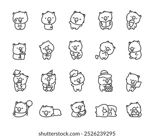 Cute kawaii wombat. Coloring Page. Adorable herbivore animal character. Vector drawing. Collection of design elements.