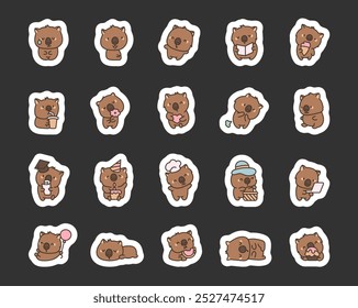 Netter Kawaii-Wombat. Aufkleber-Lesezeichen. Adorable pflanzenfressenden tierischen Charakter. Vektorgrafik. Sammlung von Gestaltungselementen.