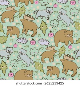 Cute kawaii Woodland Animals Vector Seamless Pattern in Pastel Colors